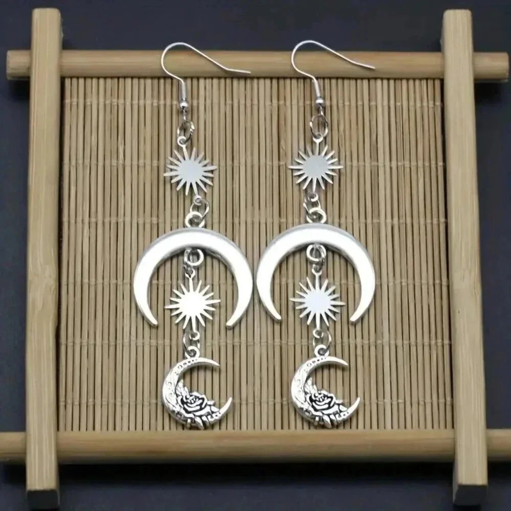 Silvery Sun Moon Flower Design Dangle Earrings - Picture 4 of 4